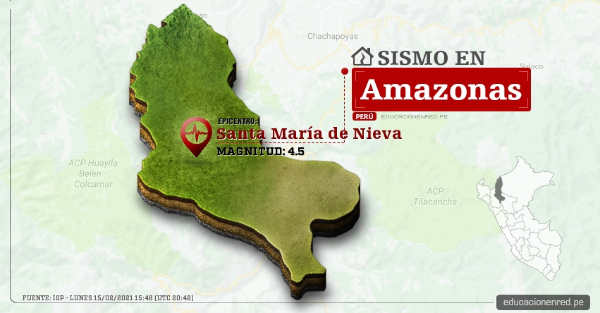 Temblor en Amazonas de Magnitud 4.5 (Hoy Lunes 15 Febrero 2021) Sismo - Epicentro - Santa María de Nieva - Condorcanqui - IGP - www.igp.gob.pe