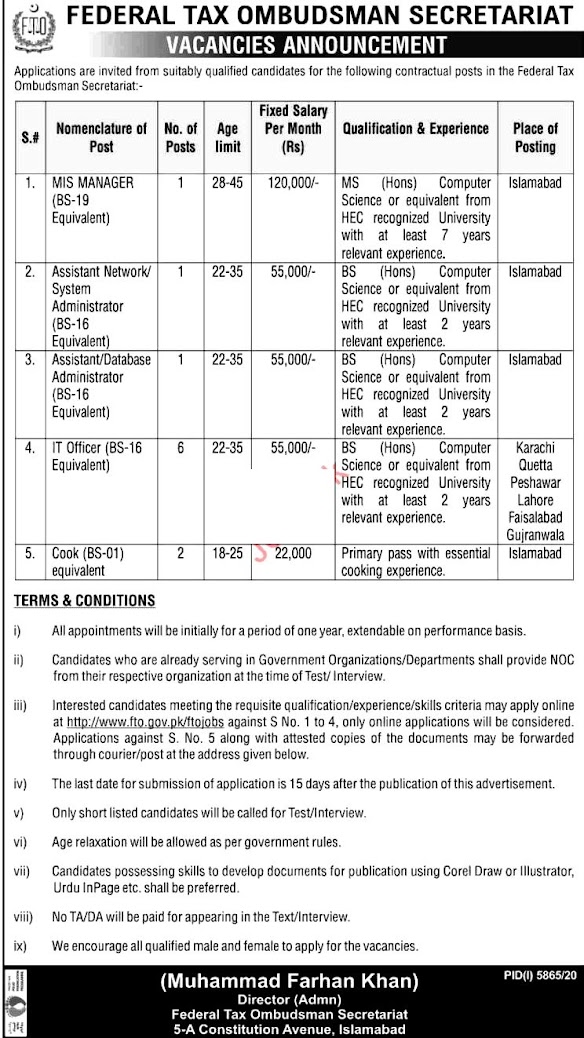 Latest Jobs in Federal Tax Ombudsman Secretariat Islamabad 2021