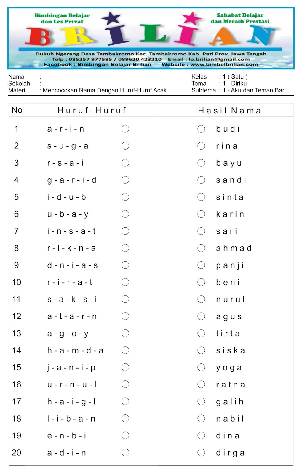 Soal Menyusun Huruf  Menjadi Nama Tema 1 Kelas 1 SD 