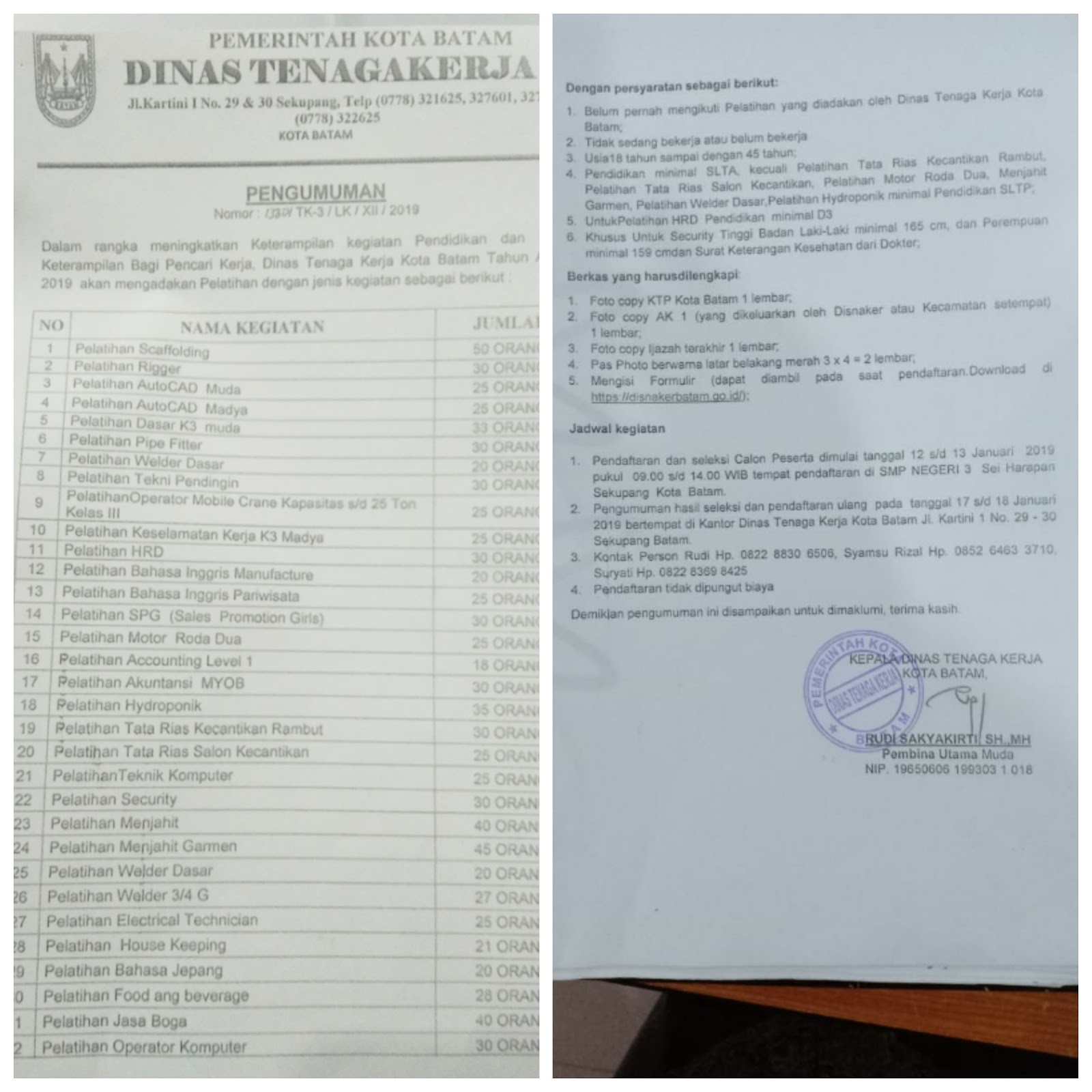 Buruan Disnaker Batam Kembali Gelar Pelatihan Kerja Sertifikasi 2019 Bagi "PENCAKER"