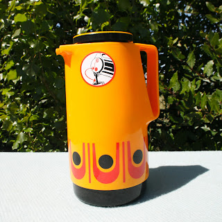 Thermos vintage, orange aux motifs géométriques, années 70 !