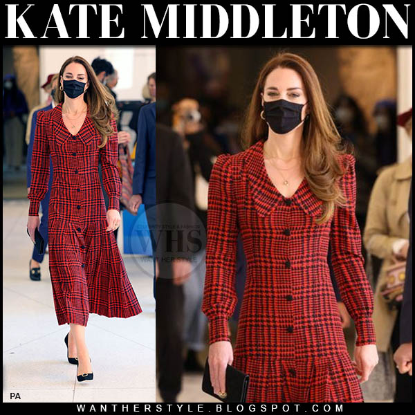 Kate Middleton in red plaid pleated midi dress