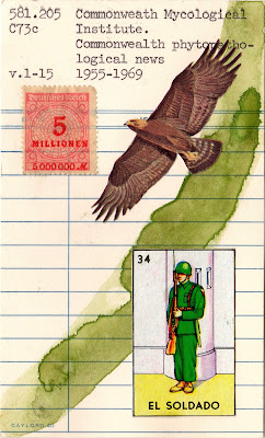 German postage stamp eagle loteria mexican lottery card el soldado soldier library due date card Dada Fluxus mail art collage