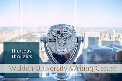 A set of pay-to-view binoculars sits atop a building that overlooks a city skyline. Text reads: "Thursday Thoughts: Walden University Writing  Center" 