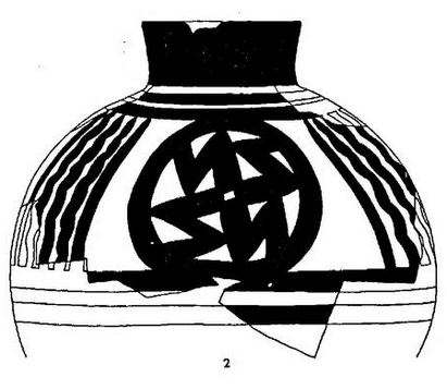 Jar fragment with large swastika with a hole in the center, from Tall-i Bakun, Iran.