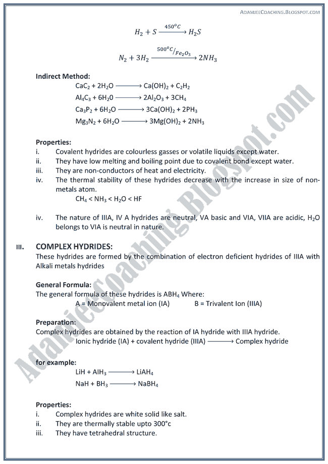 XII Chemistry Notes - Hydrogen Chemistry