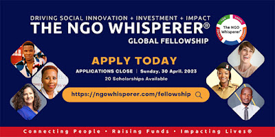 Applications for the NGO Whisperer Global Fellowship Programme 2023 are now open. The NGO Whisperer Global Fellowship Programme is a six-month rigorous virtual leadership programme for exceptional leaders and founders of non-governmental organisations (NGOs) and social enterprises worldwide, especially those from low and middle-income countries.