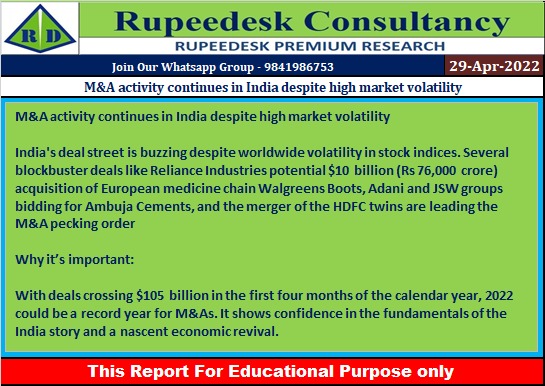 M&A activity continues in India despite high market volatility - Rupeedesk Reports - 29.04.2022