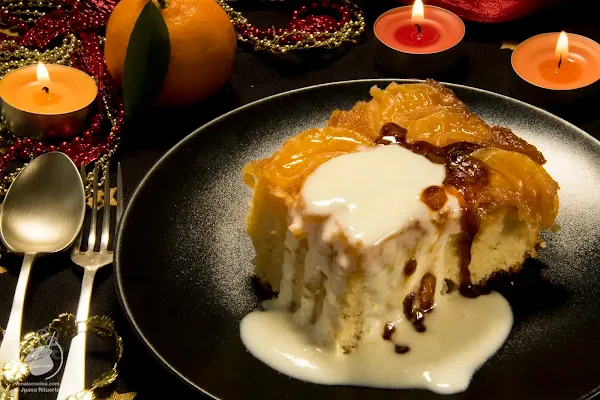 Tarta-bizcocho invertido de mandarinas con caramelo y yogur de mandarina. Navidad 2018