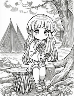 a cute girl sitting on a tree in a summer camp coloring page