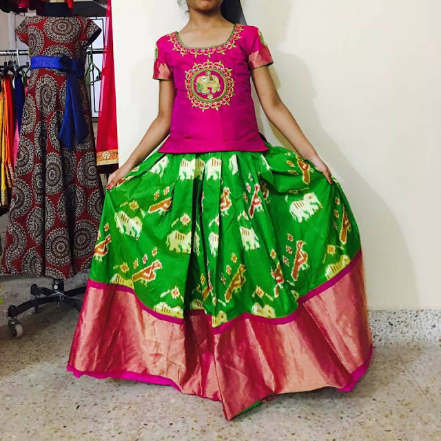 Green Ikkat Lehenga Pink Blouse