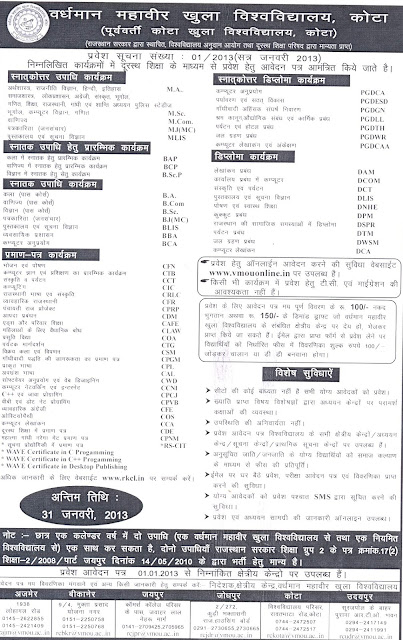 VMOU Kota 2013 Admission Notification Details