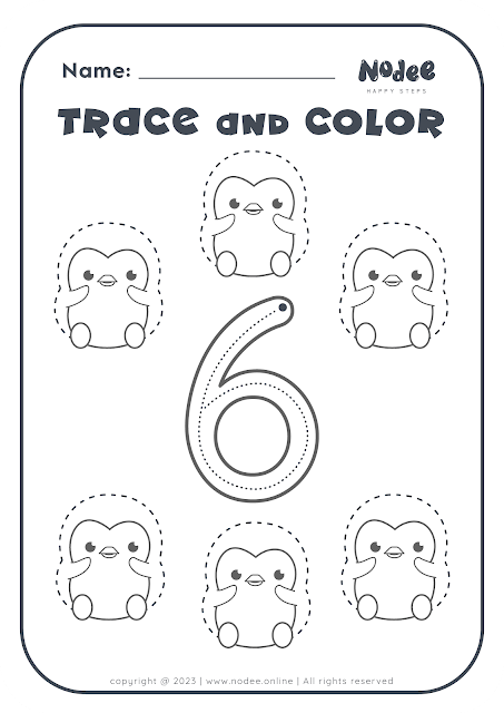 Black and white - Trace and Color Number Six Worksheet for Kids