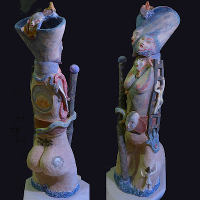 totem, ceramic totem, ceramic sculpture totems, ceramic sculpture, totem, climate change art, susan galleymore ceramic sculpture, sculpture, ceramic arts,women's bodies as social message, heedlessness, heedlessness is a pillar that sustains our world, Rumi poetry on heedlessness, narrative totem, jabula arts