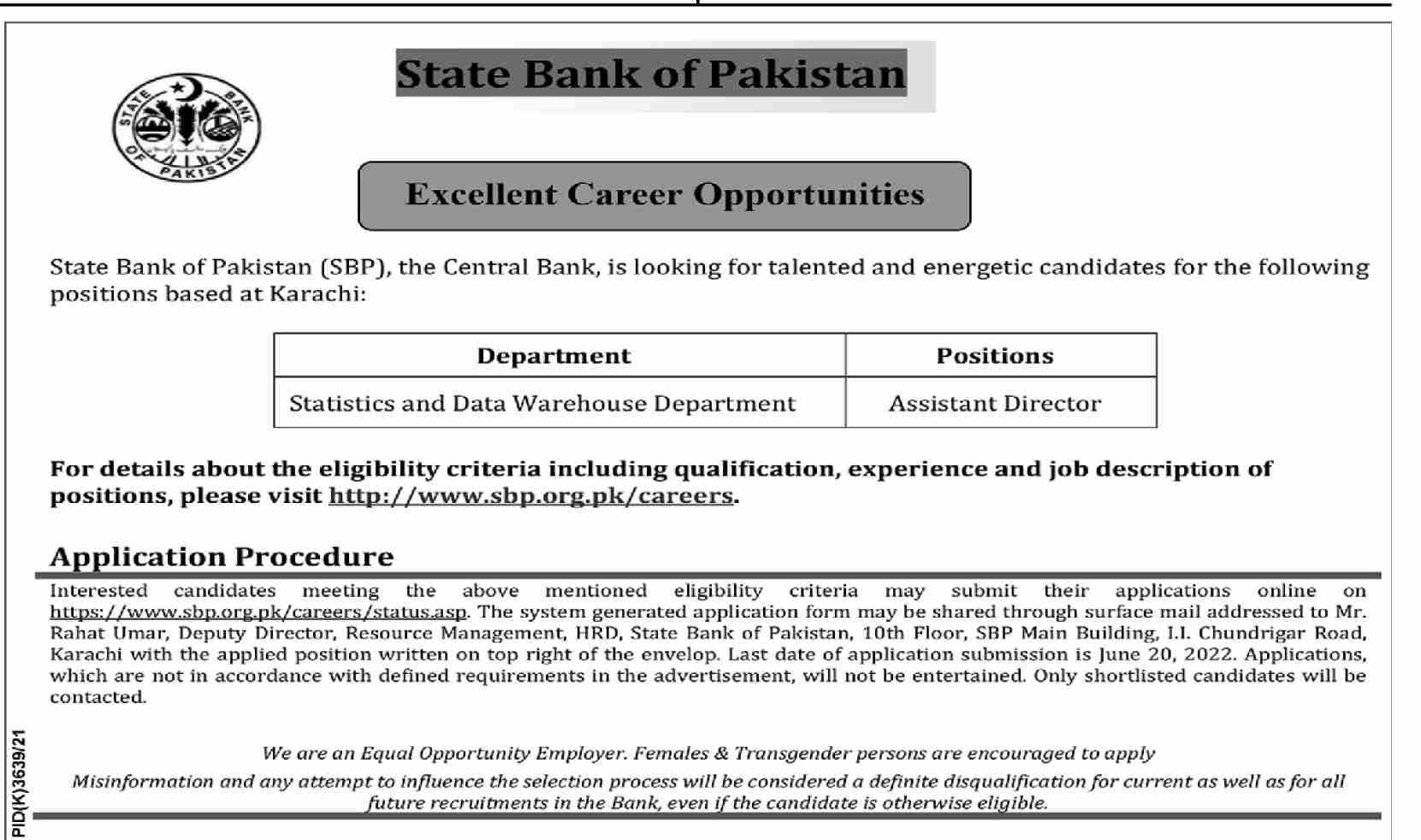 Latest State Bank of Pakistan SBP Bank Posts Karachi 2022