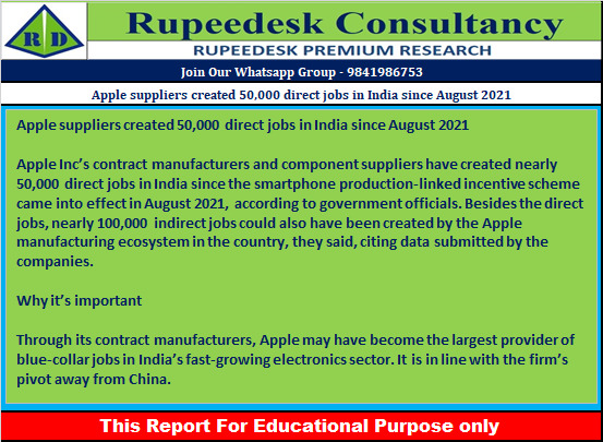 Apple suppliers created 50,000 direct jobs in India since August 2021 - Rupeedesk Reports - 02.01.2023