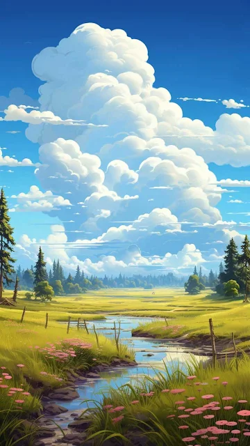 Paisagem Natural Imagem para Tela do Celular com grama, nuvens, árvore, nuvens e riacho é uma imagem em alta resolução hd grátis para Celular e iPhone.