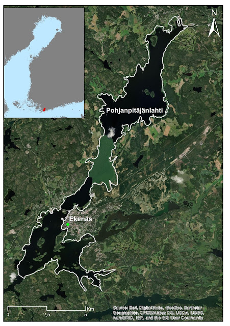 Karttakuva Pohjanpitäjänlahdesta, joka on kapea murtovesilahti