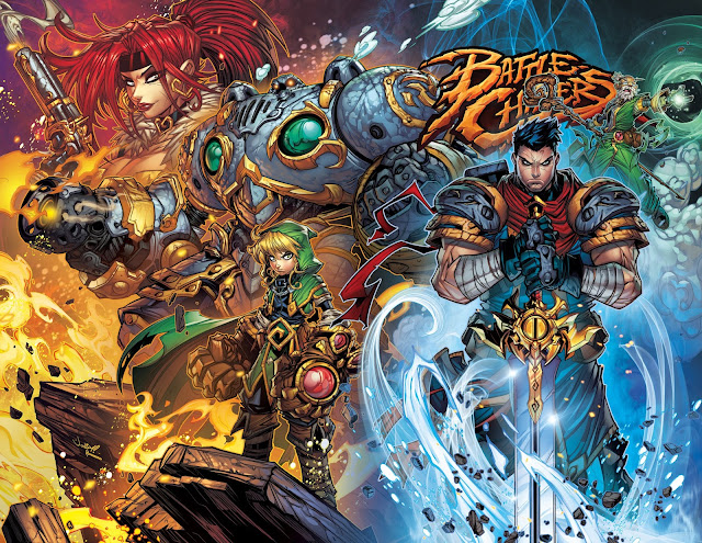 Joe Madureira's Battle Chasers Issue 12 Cover Featuring Red Monika, Garrison, Gully, Knolan and Calibretto drawn by Jonboy Meyers