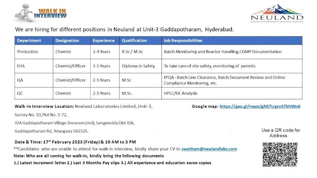 Neuland Laboratories | Walk-in interview at Hyderabad for Prod/QA/QC/EHS on 17th February 2023