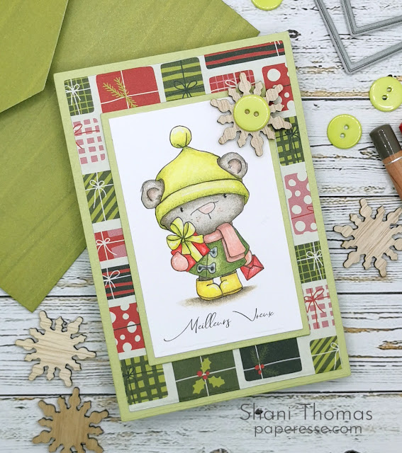 French Meilleurs Voeux card with Polkadoodles Bella Bear Delivering Gifts digital stamp as the focal point, colored with Luminance pencils.