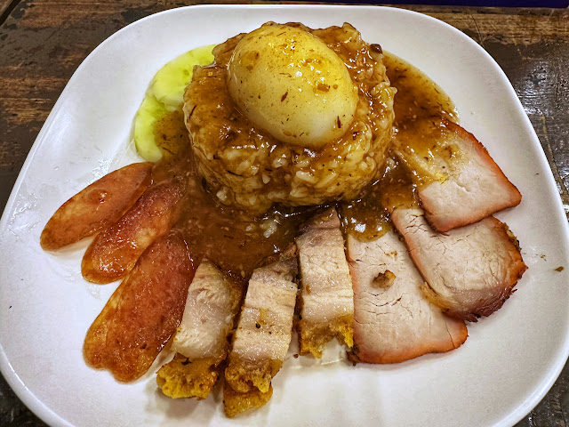 Rice with Barbecue Pork, Crispy Pork, Chinese Sausage, and Egg