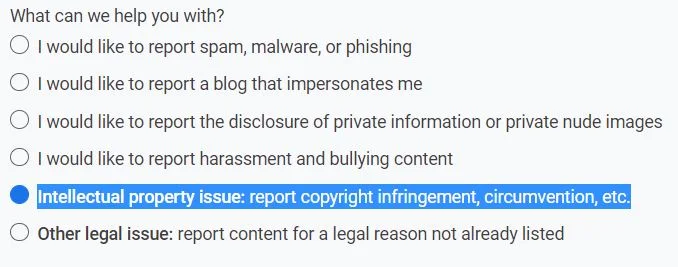 Intellectual property issue: report copyright infringement, circumvention, etc.