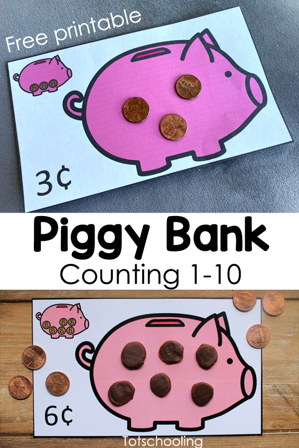 FREE printable Piggy bank theme counting and number sense activity for preschoolers, to be used with pennies or playdough.