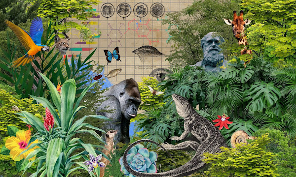 Illustration: cornucopia of natural life including plants and animals in a forest-like scene, plus some scientific drawings and a bust of Charles Darwin