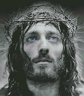 jesus blue eyes crowned cross stitch