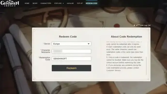 Cara Menukarkan Kode Redeem Genshin Impact di web
