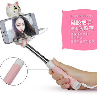 Generic New Stylish Cute Cat selfie Stick Monopod Cable Wired Extendable self stick-pink