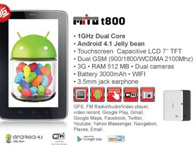 Mito T800, Spesifikasi, Tablet android Jelly Bean, 7 Inci ,Prosesor Dual-core, 3G