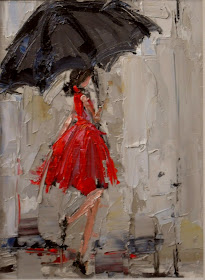 Dancing in the Rain 2, umbrella girl with red dress, kathryn morris trotter, www.kathryntrotterart.com, umbrella art, fashion paintings