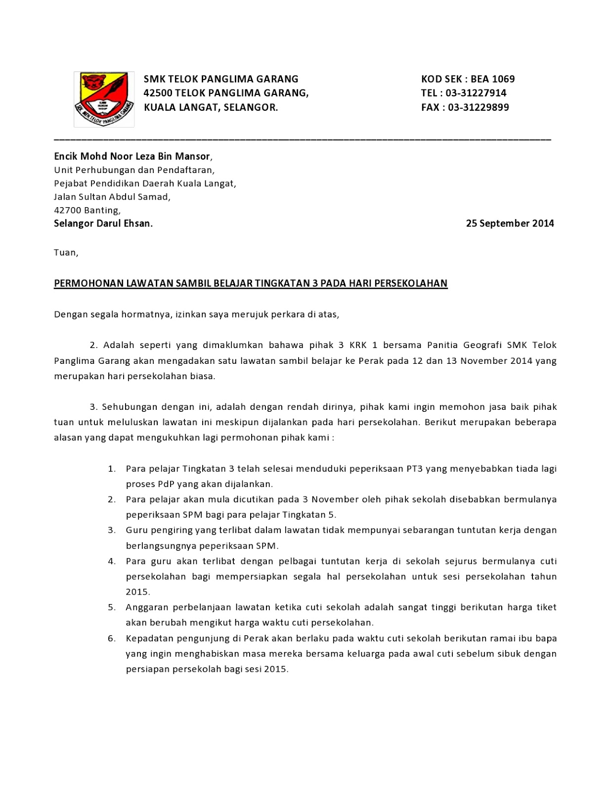 Contoh Surat Permohonan Pelepasan Cuti