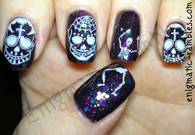 sugar-skull-skeleton-nails-nail-art-stamped-bundle-monster-413-hare-polish-midsummers-midnight