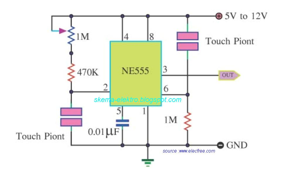 Saklar Sentuh Sederhana Dengan NE555 schematic diagrams 