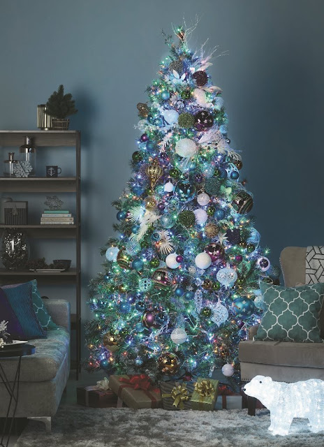 blue purple silver green motif Christmas tree