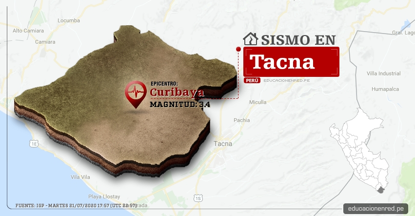 Temblor en Tacna de Magnitud 3.4 (Hoy Martes 21 Julio 2020) Sismo - Epicentro - Curibaya - Candarave - IGP - www.igp.gob.pe