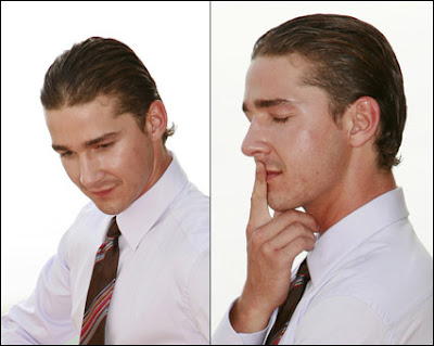 Shia LaBeouf's brushed back hairstyle.