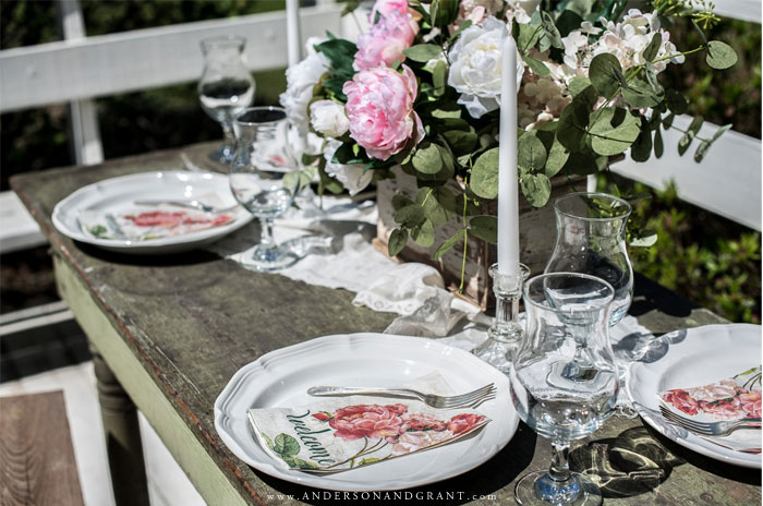 Peony inspired tablescape with white plates