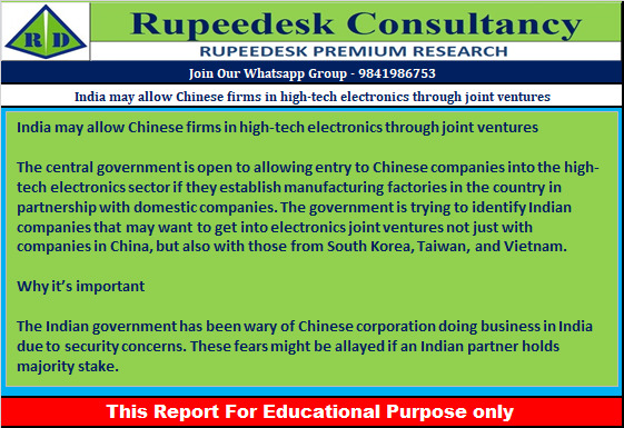 India may allow Chinese firms in high-tech electronics through joint ventures - Rupeedesk Reports - 02.11.2022