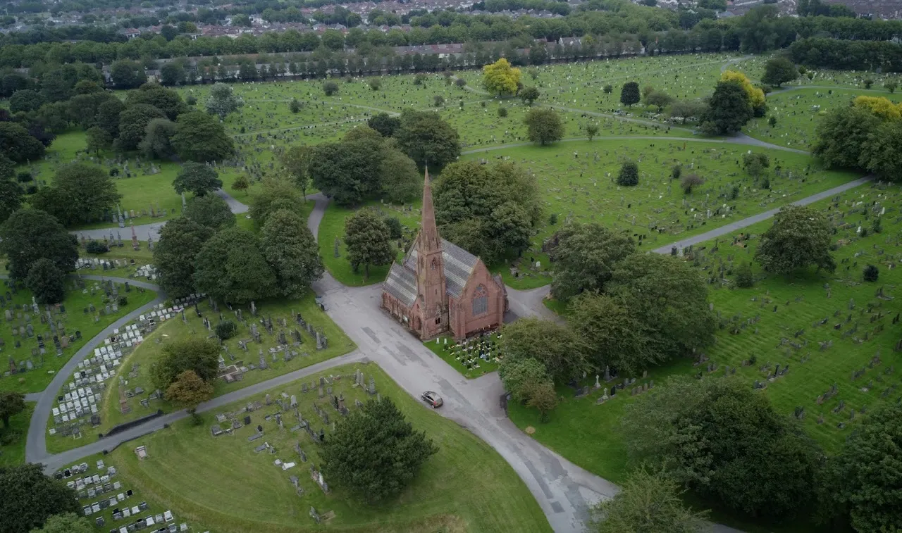 Drone aerial view of disused chapel in Anfield cemetery