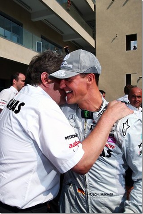 Norbert Haug (GER) Mercedes Sporting Director with Michael Schumacher (GER) Mercedes GP. Formula One World Championship, Rd 19, Abu Dhabi Grand Prix, Race Day, Yas Marina Circuit, Abu Dhabi, UAE, Sunday, 14 November 2010