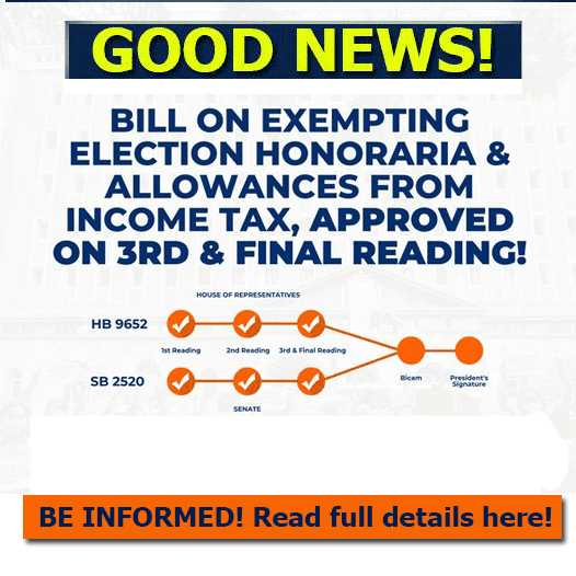 Senate Bill 2520 | Exempting election honoraria and allowances from income tax. Read full details here!