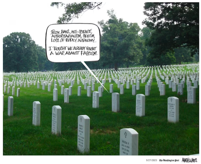 Picture of veterans' cemetary.  Voice rises from one of the graves saying, 