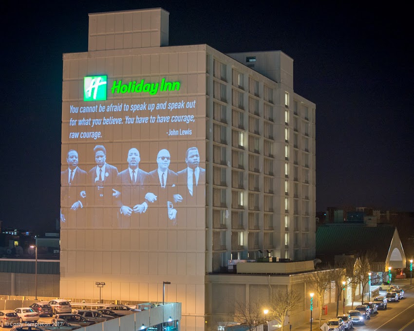 Portland, Maine USA January 2017 photo by Corey Templeton of Martin Luther King Jr. Day quote by John Lewis on Holiday Inn by the Bay at night.