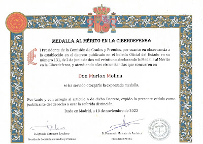 diploma Medalla al Mérito en la Ciberseguridad, Marlon Molina