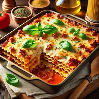 "Homemade lasagna in a baking dish with layers of pasta, meat sauce, and melted cheese, served on a rustic wooden table."