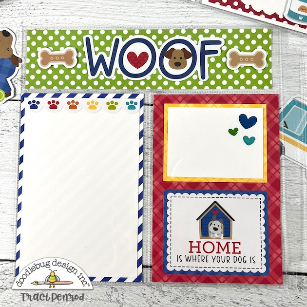 Dog Scrapbook Page Layout with pawprints, hearts, and a dog house